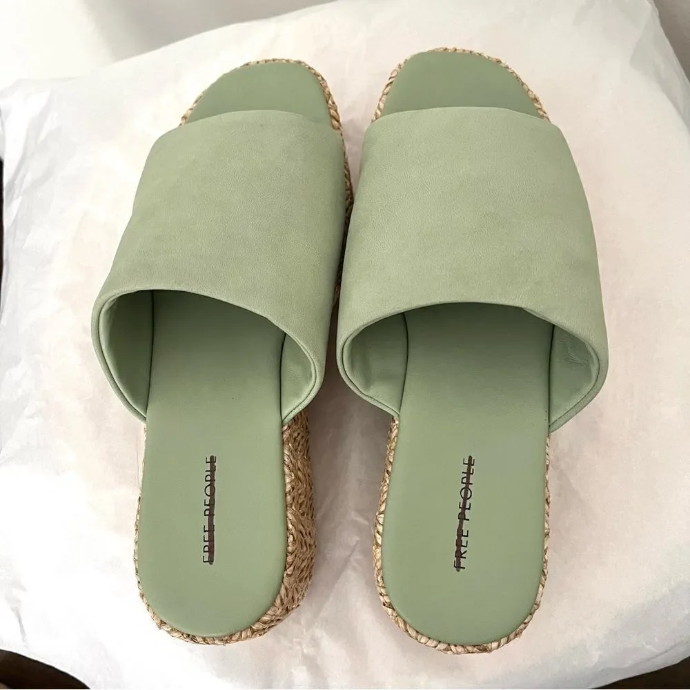 Free People Harbor Raffia Platform Wedge Platform Sandal Light Sage‎ Size 7 NIB